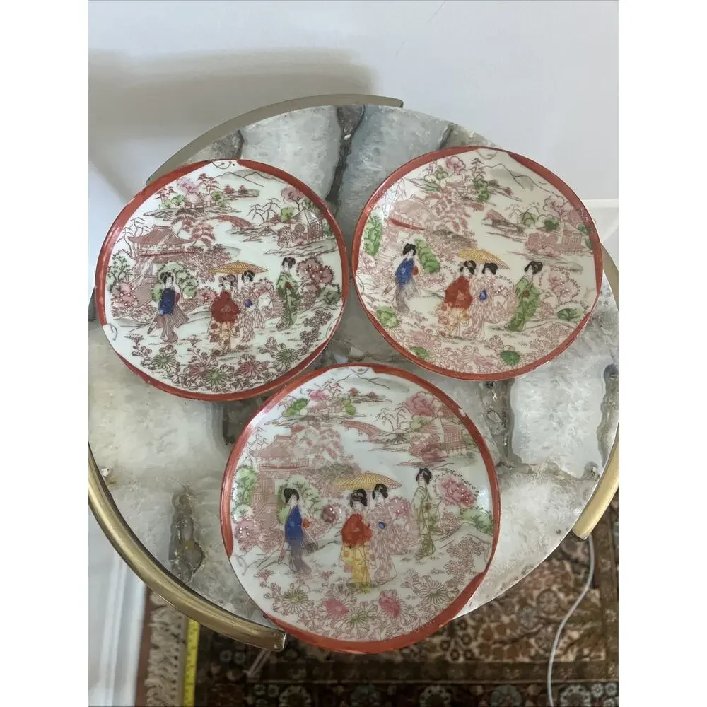 Set Of 3 Vtg Japanese Kutani Porcelain Geisha Saucer Plates Hand Painted 5.5”